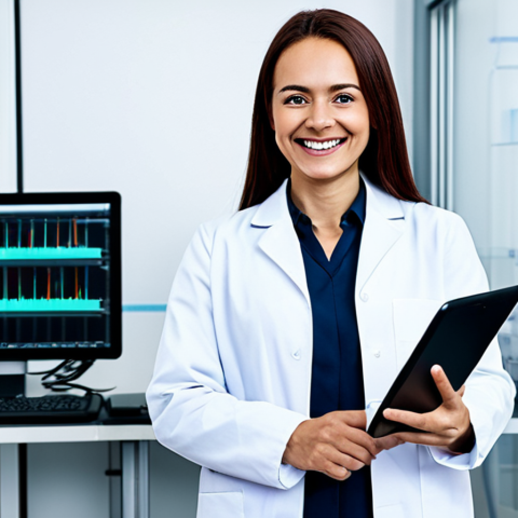 **

"A professional female engineer in a fully clothed, modest lab coat, standing in a clean, modern research laboratory with advanced equipment. She is smiling confidently, holding a tablet displaying data. Safe for work, appropriate content, perfect anatomy, correct proportions, well-formed hands, natural pose, professional, family-friendly, high-quality rendering."

**