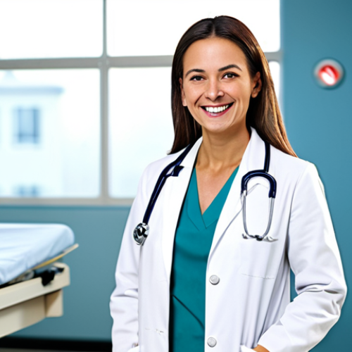 Home 6 **
"A professional female doctor in a fully clothed, modest white coat, smiling gently in a bright and clean hospital environment, appropriate attire, safe for work, perfect anatomy, natural proportions, professional medical photography, high quality, family-friendly."
**