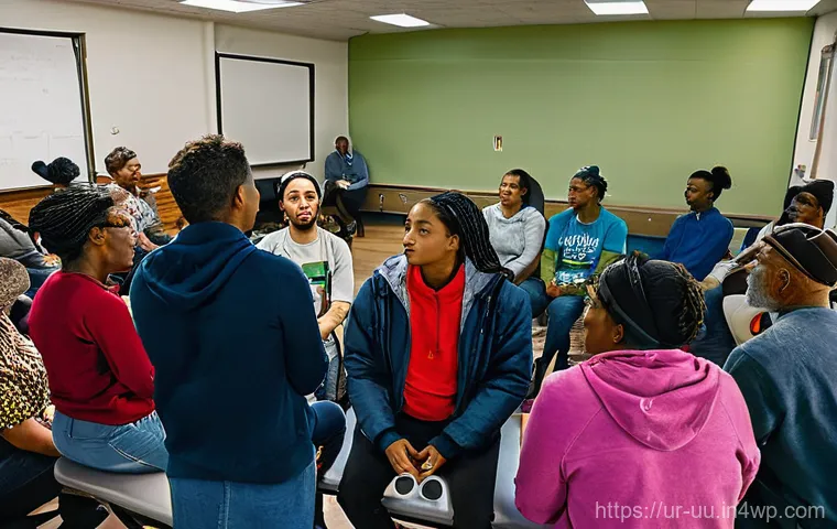 회복적 정의를 위한 자원봉사자 역할 - **Prompt 1: Restorative Justice Volunteers Facilitating Dialogue**
"A vibrant and diverse group ...