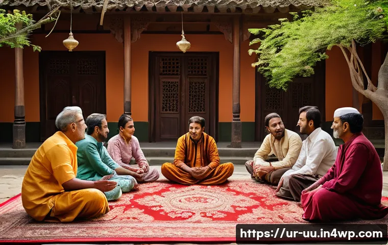 회복적 정의와 갈등의 평화적 해결 - A peaceful community mediation scene set in a traditional South Asian village environment during day...
