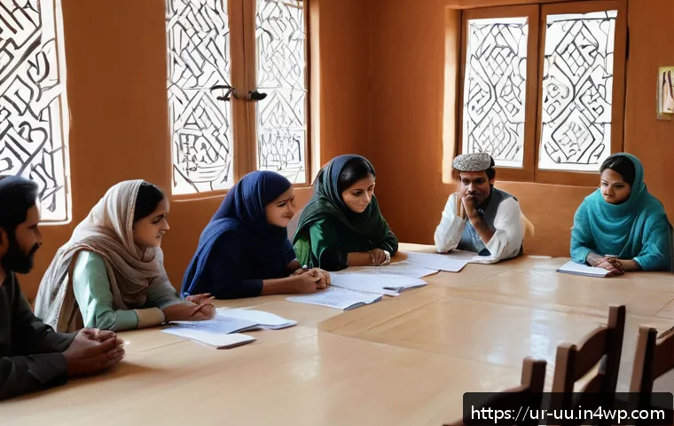 회복적 정의의 철학적 기초 존중과 신뢰 - A community mediation session in a traditional Pakistani setting, showing diverse men and women in m...