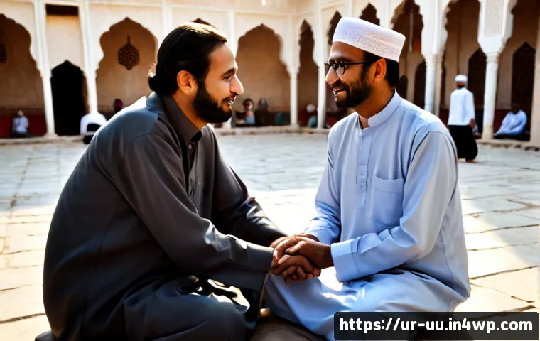Home 17 회복적 정의와 종교적 가치의 상관관계 - Photorealistic restorative justice meeting in a quiet Pakistani community courtyard, a compassionate...